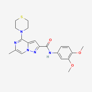 molecular formula C20H23N5O3S B2356243 N-(3,4-dimethoxyphenyl)-6-methyl-4-(thiomorpholin-4-yl)pyrazolo[1,5-a]pyrazine-2-carboxamide CAS No. 1775385-60-8
