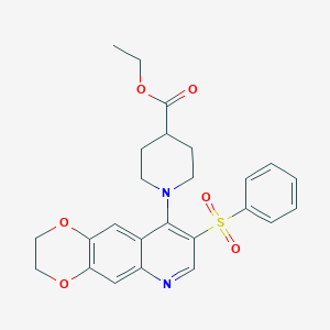 molecular formula C25H26N2O6S B2356261 ethyl 1-[8-(benzenesulfonyl)-2H,3H-[1,4]dioxino[2,3-g]quinolin-9-yl]piperidine-4-carboxylate CAS No. 866844-15-7