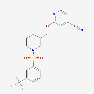 molecular formula C19H18F3N3O3S B2356297 2-[[1-[3-(Trifluoromethyl)phenyl]sulfonylpiperidin-3-yl]methoxy]pyridine-4-carbonitrile CAS No. 2379950-76-0