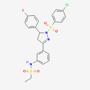 molecular formula C23H21ClFN3O4S2 B2356534 N-(3-(1-((4-chlorophenyl)sulfonyl)-5-(4-fluorophenyl)-4,5-dihydro-1H-pyrazol-3-yl)phenyl)ethanesulfonamide CAS No. 851782-70-2
