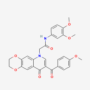molecular formula C29H26N2O8 B2356560 N-(3,4-dimethoxyphenyl)-2-[8-(4-methoxybenzoyl)-9-oxo-2H,3H,6H,9H-[1,4]dioxino[2,3-g]quinolin-6-yl]acetamide CAS No. 866864-99-5