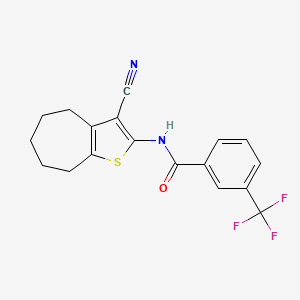 molecular formula C18H15F3N2OS B2357097 N-(3-cyano-5,6,7,8-tetrahydro-4H-cyclohepta[b]thiophen-2-yl)-3-(trifluoromethyl)benzamide CAS No. 438028-47-8