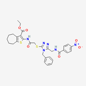 molecular formula C31H32N6O6S2 B2357167 ethyl 2-(2-((4-benzyl-5-((4-nitrobenzamido)methyl)-4H-1,2,4-triazol-3-yl)thio)acetamido)-5,6,7,8-tetrahydro-4H-cyclohepta[b]thiophene-3-carboxylate CAS No. 393848-90-3