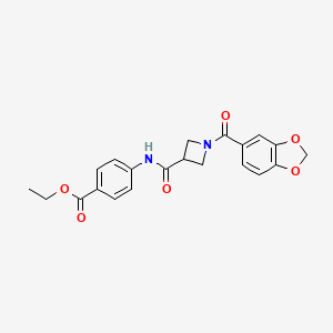 molecular formula C21H20N2O6 B2357186 Ethyl 4-(1-(benzo[d][1,3]dioxole-5-carbonyl)azetidine-3-carboxamido)benzoate CAS No. 1396708-35-2