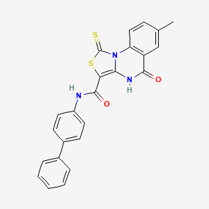 molecular formula C24H17N3O2S2 B2357240 N-{[1,1'-biphenyl]-4-yl}-7-methyl-5-oxo-1-sulfanylidene-1H,4H,5H-[1,3]thiazolo[3,4-a]quinazoline-3-carboxamide CAS No. 1113130-82-7