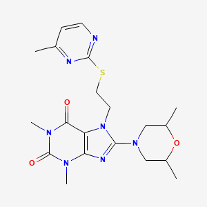 molecular formula C20H27N7O3S B2357246 8-(2,6-Dimethylmorpholin-4-yl)-1,3-dimethyl-7-[2-(4-methylpyrimidin-2-yl)sulfanylethyl]purine-2,6-dione CAS No. 872623-41-1
