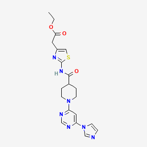 molecular formula C20H23N7O3S B2357287 ethyl 2-(2-(1-(6-(1H-imidazol-1-yl)pyrimidin-4-yl)piperidine-4-carboxamido)thiazol-4-yl)acetate CAS No. 1351604-91-5