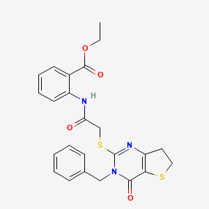 molecular formula C24H23N3O4S2 B2357506 ethyl 2-[2-({3-benzyl-4-oxo-3H,4H,6H,7H-thieno[3,2-d]pyrimidin-2-yl}sulfanyl)acetamido]benzoate CAS No. 877618-61-6