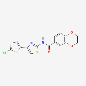 molecular formula C16H11ClN2O3S2 B2357565 N-[4-(5-chlorothiophen-2-yl)-1,3-thiazol-2-yl]-2,3-dihydro-1,4-benzodioxine-6-carboxamide CAS No. 477551-84-1