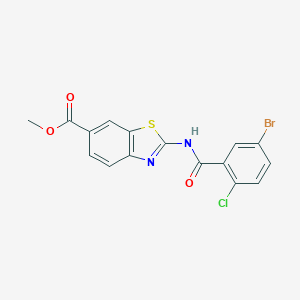 molecular formula C16H10BrClN2O3S B235796 Methyl 2-[(5-bromo-2-chlorobenzoyl)amino]-1,3-benzothiazole-6-carboxylate 