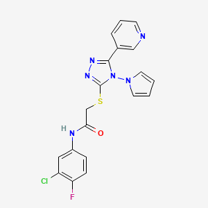 molecular formula C19H14ClFN6OS B2358320 N-(3-chloro-4-fluorophenyl)-2-{[5-(pyridin-3-yl)-4-(1H-pyrrol-1-yl)-4H-1,2,4-triazol-3-yl]sulfanyl}acetamide CAS No. 886941-50-0