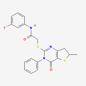 molecular formula C21H18FN3O2S2 B2358329 N-(3-fluorophenyl)-2-((6-methyl-4-oxo-3-phenyl-3,4,6,7-tetrahydrothieno[3,2-d]pyrimidin-2-yl)thio)acetamide CAS No. 905687-11-8