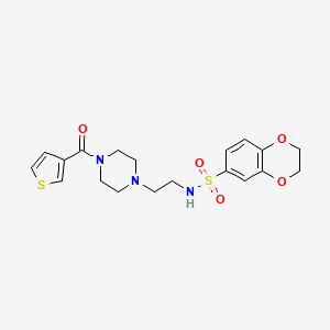 molecular formula C19H23N3O5S2 B2358444 N-(2-(4-(thiophene-3-carbonyl)piperazin-1-yl)ethyl)-2,3-dihydrobenzo[b][1,4]dioxine-6-sulfonamide CAS No. 1251562-61-4