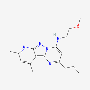 molecular formula C17H23N5O B2358587 N-(2-methoxyethyl)-11,13-dimethyl-4-propyl-3,7,8,10-tetrazatricyclo[7.4.0.02,7]trideca-1,3,5,8,10,12-hexaen-6-amine CAS No. 902013-61-0