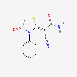 molecular formula C12H9N3O2S B2358614 (Z)-2-cyano-2-(4-oxo-3-phenylthiazolidin-2-ylidene)acetamide CAS No. 91417-63-9