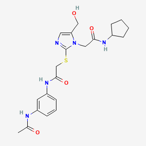 molecular formula C21H27N5O4S B2358760 N-(3-acetamidophenyl)-2-((1-(2-(cyclopentylamino)-2-oxoethyl)-5-(hydroxymethyl)-1H-imidazol-2-yl)thio)acetamide CAS No. 923201-68-7