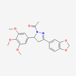 molecular formula C21H22N2O6 B2358830 1-(3-(Benzo[d][1,3]dioxol-5-yl)-4,5-dihydro-5-(3,4,5-trimethoxyphenyl)pyrazol-1-yl)ethanone CAS No. 924873-78-9