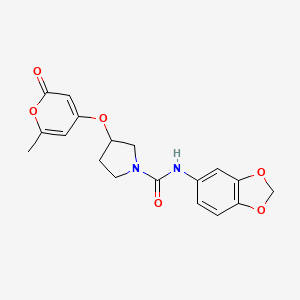 molecular formula C18H18N2O6 B2358857 N-(benzo[d][1,3]dioxol-5-yl)-3-((6-methyl-2-oxo-2H-pyran-4-yl)oxy)pyrrolidine-1-carboxamide CAS No. 1706003-91-9