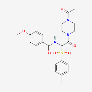 molecular formula C23H27N3O6S B2358890 N-(2-(4-acetylpiperazin-1-yl)-2-oxo-1-tosylethyl)-4-methoxybenzamide CAS No. 1025032-70-5