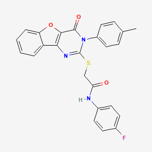 molecular formula C25H18FN3O3S B2359370 N-(4-fluorophenyl)-2-{[5-(4-methylphenyl)-6-oxo-8-oxa-3,5-diazatricyclo[7.4.0.0^{2,7}]trideca-1(9),2(7),3,10,12-pentaen-4-yl]sulfanyl}acetamide CAS No. 872208-09-8