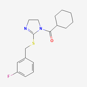 molecular formula C17H21FN2OS B2359526 cyclohexyl(2-((3-fluorobenzyl)thio)-4,5-dihydro-1H-imidazol-1-yl)methanone CAS No. 851864-73-8
