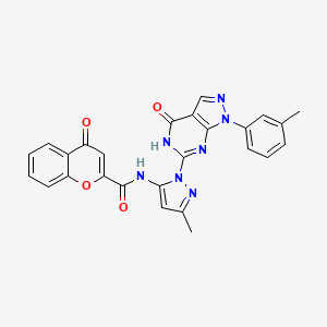 molecular formula C26H19N7O4 B2359541 N-(3-methyl-1-(4-oxo-1-(m-tolyl)-4,5-dihydro-1H-pyrazolo[3,4-d]pyrimidin-6-yl)-1H-pyrazol-5-yl)-4-oxo-4H-chromene-2-carboxamide CAS No. 1172879-19-4
