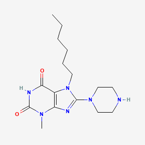 molecular formula C16H26N6O2 B2359545 7-hexyl-3-methyl-8-(piperazin-1-yl)-1H-purine-2,6(3H,7H)-dione CAS No. 371927-37-6