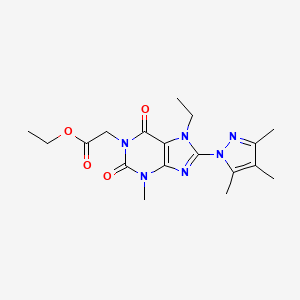 molecular formula C18H24N6O4 B2359562 ethyl 2-(7-ethyl-3-methyl-2,6-dioxo-8-(3,4,5-trimethyl-1H-pyrazol-1-yl)-2,3,6,7-tetrahydro-1H-purin-1-yl)acetate CAS No. 1014011-09-6