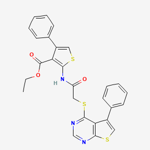 molecular formula C27H21N3O3S3 B2359778 ETHYL 4-PHENYL-2-[2-({5-PHENYLTHIENO[2,3-D]PYRIMIDIN-4-YL}SULFANYL)ACETAMIDO]THIOPHENE-3-CARBOXYLATE CAS No. 315683-01-3