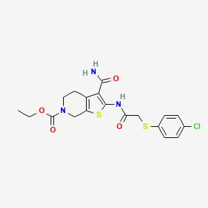 molecular formula C19H20ClN3O4S2 B2359788 ethyl 3-carbamoyl-2-(2-((4-chlorophenyl)thio)acetamido)-4,5-dihydrothieno[2,3-c]pyridine-6(7H)-carboxylate CAS No. 895472-09-0