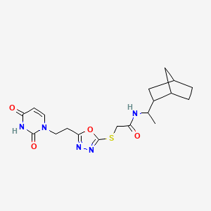 molecular formula C19H25N5O4S B2359896 N-[1-(2-Bicyclo[2.2.1]heptanyl)ethyl]-2-[[5-[2-(2,4-dioxopyrimidin-1-yl)ethyl]-1,3,4-oxadiazol-2-yl]sulfanyl]acetamide CAS No. 1212362-36-1