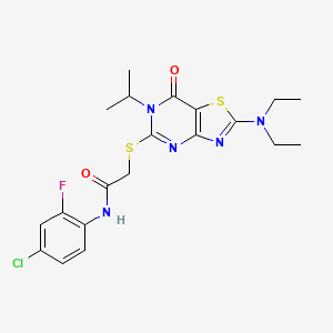 molecular formula C20H23ClFN5O2S2 B2360055 N-(4-chloro-2-fluorophenyl)-2-{[2-(diethylamino)-7-oxo-6-(propan-2-yl)-6H,7H-[1,3]thiazolo[4,5-d]pyrimidin-5-yl]sulfanyl}acetamide CAS No. 1207027-47-1