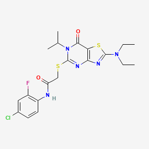 molecular formula C20H23ClFN5O2S2 B2360055 N~1~-(4-chloro-2-fluorophenyl)-2-{[2-(diethylamino)-6-isopropyl-7-oxo-6,7-dihydro[1,3]thiazolo[4,5-d]pyrimidin-5-yl]sulfanyl}acetamide CAS No. 1207027-47-1