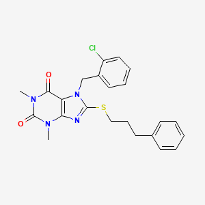 molecular formula C23H23ClN4O2S B2360109 7-[(2-Chlorophenyl)methyl]-1,3-dimethyl-8-(3-phenylpropylsulfanyl)purine-2,6-dione CAS No. 373373-03-6