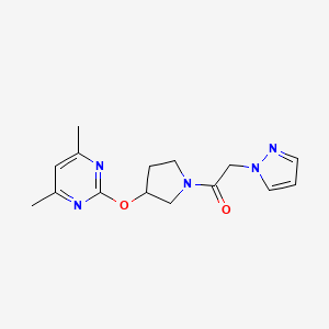 molecular formula C15H19N5O2 B2360112 1-(3-((4,6-dimethylpyrimidin-2-yl)oxy)pyrrolidin-1-yl)-2-(1H-pyrazol-1-yl)ethanone CAS No. 2034475-53-9