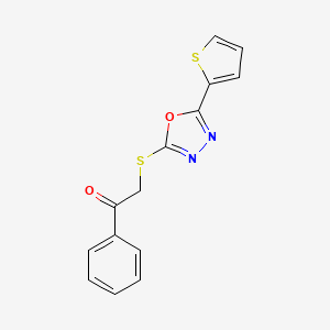 molecular formula C14H10N2O2S2 B2360400 1-Phenyl-2-((5-(thiophen-2-yl)-1,3,4-oxadiazol-2-yl)thio)ethanone CAS No. 460724-05-4