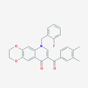 molecular formula C27H22FNO4 B2360518 8-(3,4-dimethylbenzoyl)-6-[(2-fluorophenyl)methyl]-2H,3H,6H,9H-[1,4]dioxino[2,3-g]quinolin-9-one CAS No. 902623-72-7