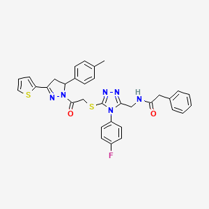 molecular formula C33H29FN6O2S2 B2360628 N-{[4-(4-fluorophenyl)-5-({2-[5-(4-methylphenyl)-3-(thiophen-2-yl)-4,5-dihydro-1H-pyrazol-1-yl]-2-oxoethyl}sulfanyl)-4H-1,2,4-triazol-3-yl]methyl}-2-phenylacetamide CAS No. 362505-59-7