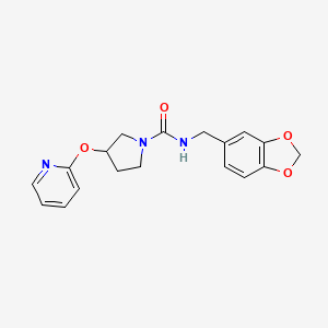 molecular formula C18H19N3O4 B2361094 N-(benzo[d][1,3]dioxol-5-ylmethyl)-3-(pyridin-2-yloxy)pyrrolidine-1-carboxamide CAS No. 1904357-82-9