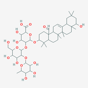molecular formula C11H12F2O2 B236150 6-[(14b-Formyl-9-hydroxy-4,4,6a,6b,8a,11,11-heptamethyl-1,2,3,4a,5,6,7,8,9,10,12,12a,14,14a-tetradecahydropicen-3-yl)oxy]-5-[4,5-dihydroxy-6-(hydroxymethyl)-3-(3,4,5-trihydroxy-6-methyloxan-2-yl)oxyoxan-2-yl]oxy-3,4-dihydroxyoxane-2-carboxylic acid CAS No. 135545-90-3