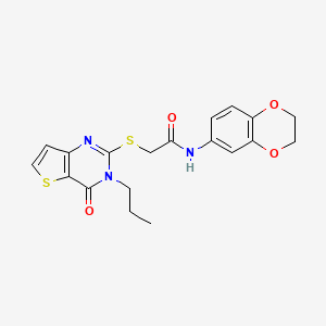 molecular formula C19H19N3O4S2 B2361614 N-(2,3-dihydro-1,4-benzodioxin-6-yl)-2-({4-oxo-3-propyl-3H,4H-thieno[3,2-d]pyrimidin-2-yl}sulfanyl)acetamide CAS No. 1261022-02-9