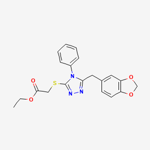 molecular formula C20H19N3O4S B2361618 Acetic acid, 2-[[5-(1,3-benzodioxol-5-ylmethyl)-4-phenyl-4H-1,2,4-triazol-3-yl]thio]-, ethyl ester CAS No. 935291-94-4