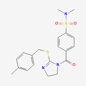 molecular formula C20H23N3O3S2 B2361682 N,N-dimethyl-4-(2-((4-methylbenzyl)thio)-4,5-dihydro-1H-imidazole-1-carbonyl)benzenesulfonamide CAS No. 851805-31-7