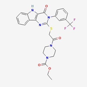 molecular formula C26H24F3N5O4S B2361733 ethyl 4-(2-((4-oxo-3-(3-(trifluoromethyl)phenyl)-4,5-dihydro-3H-pyrimido[5,4-b]indol-2-yl)thio)acetyl)piperazine-1-carboxylate CAS No. 536715-76-1