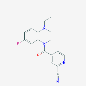 molecular formula C18H17FN4O B2361925 4-(7-Fluoro-4-propyl-2,3-dihydroquinoxaline-1-carbonyl)pyridine-2-carbonitrile CAS No. 1825543-93-8