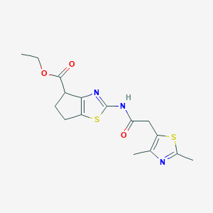 molecular formula C16H19N3O3S2 B2361931 ethyl 2-(2-(2,4-dimethylthiazol-5-yl)acetamido)-5,6-dihydro-4H-cyclopenta[d]thiazole-4-carboxylate CAS No. 1219905-75-5