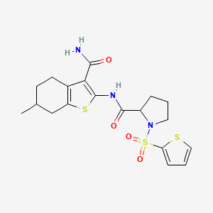 molecular formula C19H23N3O4S3 B2362092 N-(3-carbamoyl-6-methyl-4,5,6,7-tetrahydrobenzo[b]thiophen-2-yl)-1-(thiophen-2-ylsulfonyl)pyrrolidine-2-carboxamide CAS No. 1098639-11-2