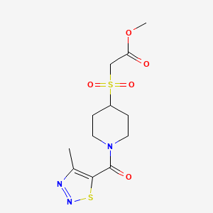 molecular formula C12H17N3O5S2 B2362174 Methyl 2-((1-(4-methyl-1,2,3-thiadiazole-5-carbonyl)piperidin-4-yl)sulfonyl)acetate CAS No. 1797341-98-0