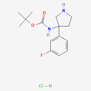 molecular formula C15H22ClFN2O2 B2362186 Tert-butyl N-[3-(3-fluorophenyl)pyrrolidin-3-yl]carbamate;hydrochloride CAS No. 2378502-88-4