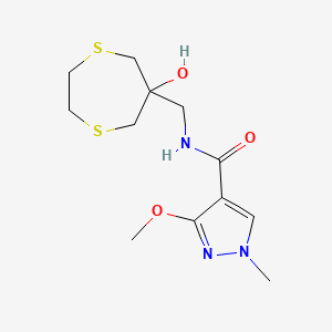 molecular formula C12H19N3O3S2 B2362207 N-[(6-hydroxy-1,4-dithiepan-6-yl)methyl]-3-methoxy-1-methyl-1H-pyrazole-4-carboxamide CAS No. 2415552-35-9
